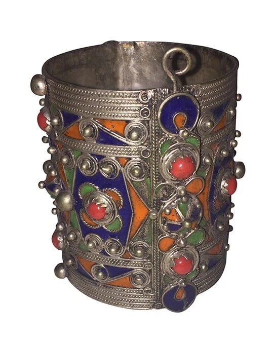 Kabyle Berber Algeria Silver Tone Metal Enamel Coral Cuff Bracelet Vintage - 4