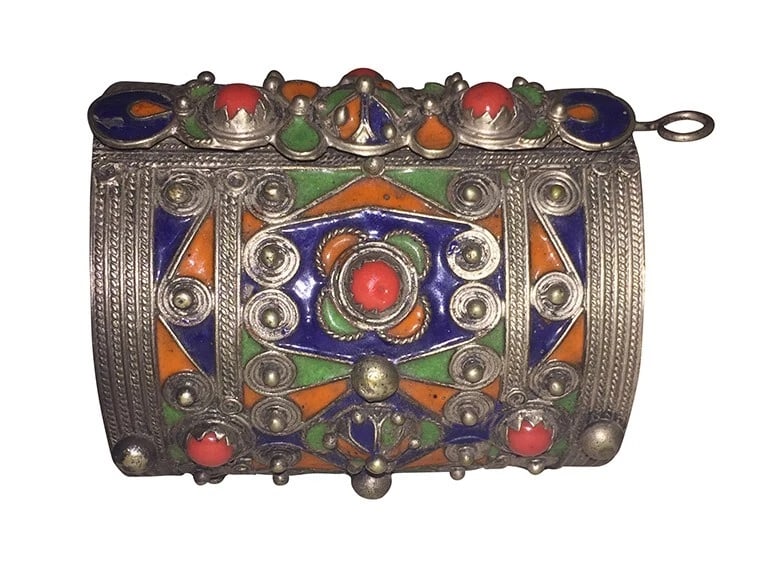 Kabyle Berber Algeria Silver Tone Metal Enamel Coral Cuff Bracelet Vintage - 5