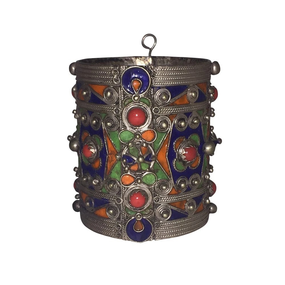 Kabyle Berber Algeria Silver Tone Metal Enamel Coral Cuff Bracelet Vintage - 7