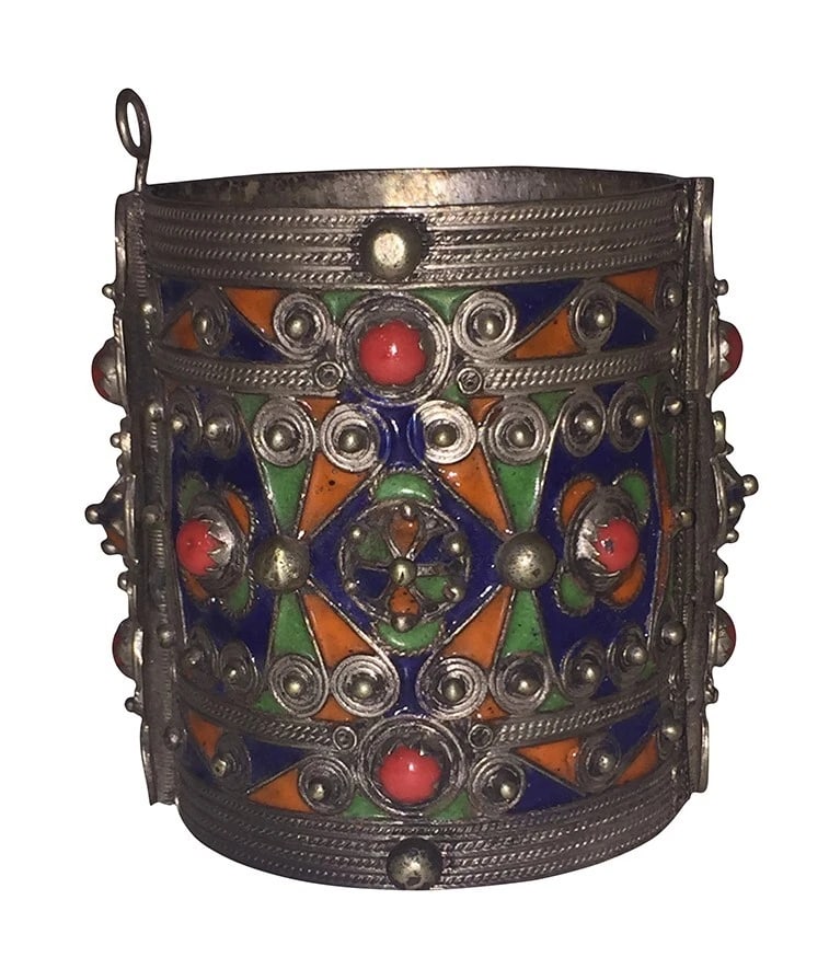 Kabyle Berber Algeria Silver Tone Metal Enamel Coral Cuff Bracelet Vintage - 8
