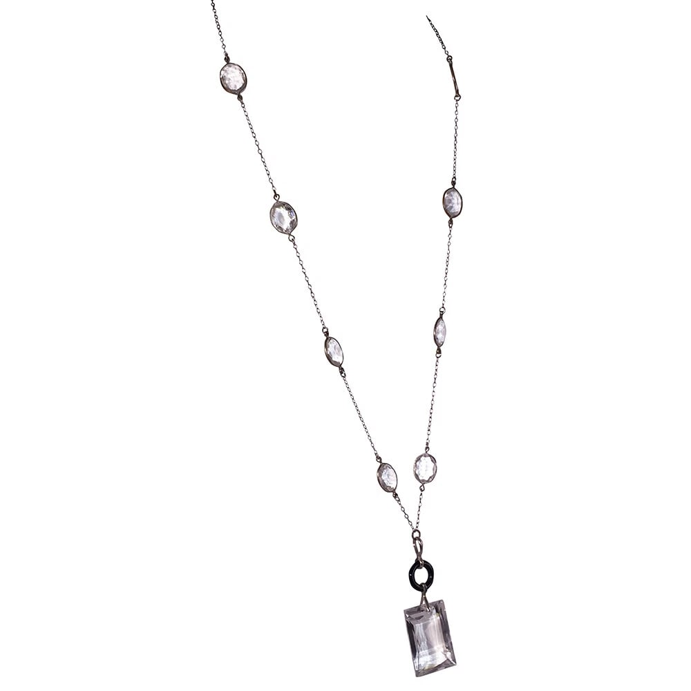 Art Deco Czech Glass Paste Rivière Bezel Set Necklace Large Emerald Cut Pendant - 3