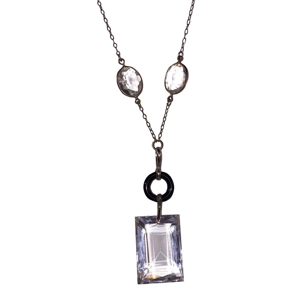 Art Deco Czech Glass Paste Rivière Bezel Set Necklace Large Emerald Cut Pendant - 4