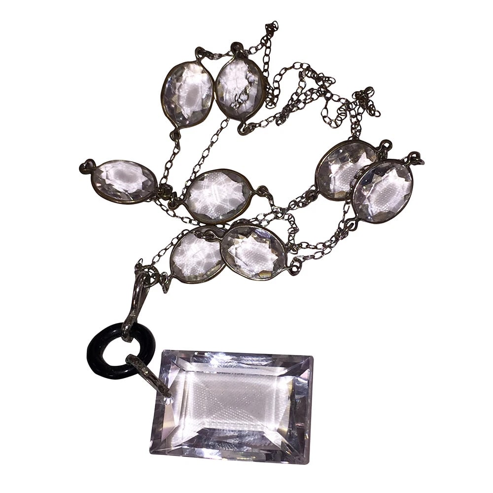 Art Deco Czech Glass Paste Rivière Bezel Set Necklace Large Emerald Cut Pendant - 5