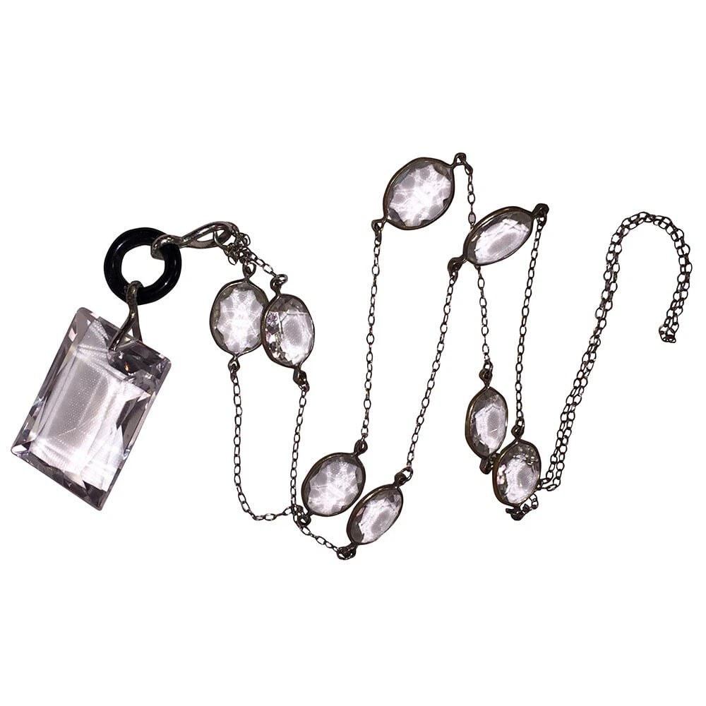Art Deco Czech Glass Paste Rivière Bezel Set Necklace Large Emerald Cut Pendant - 6