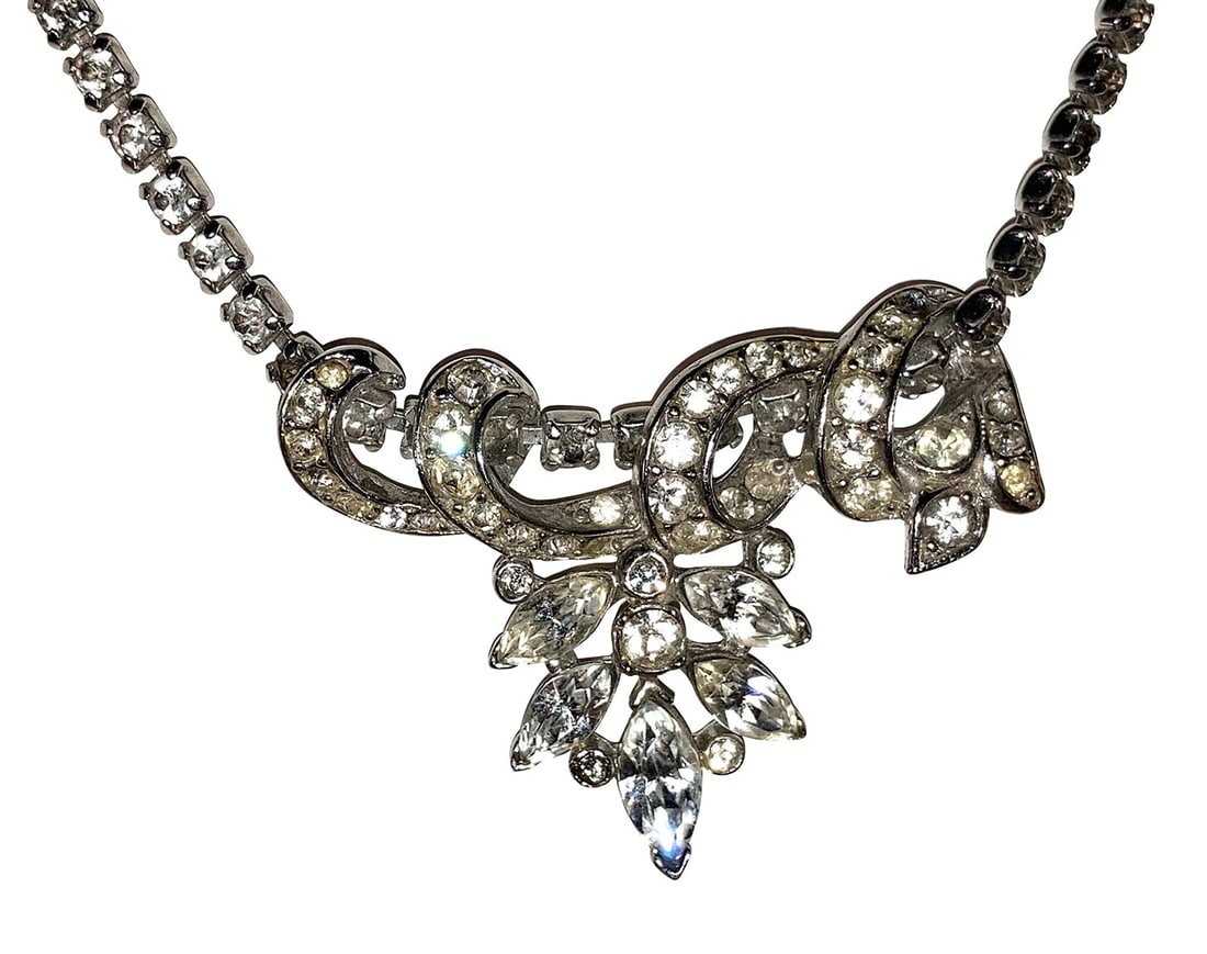 Vintage Costume White Rhinestone Bib Necklace - 2