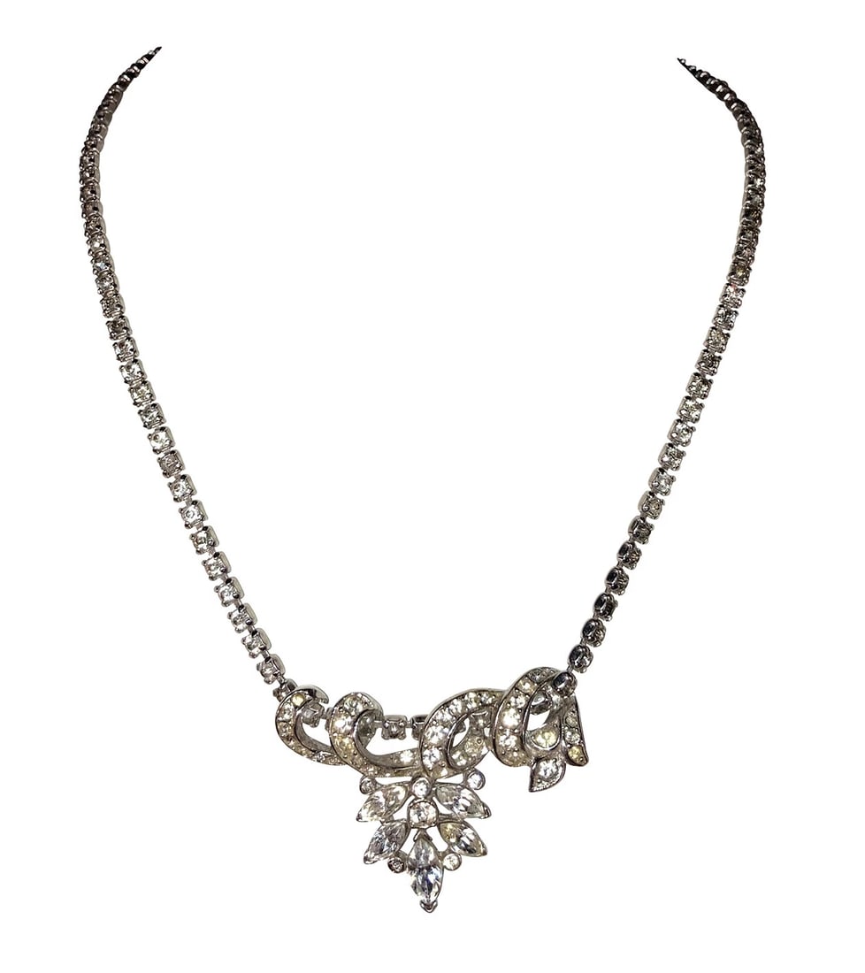 Vintage Costume White Rhinestone Bib Necklace - 3