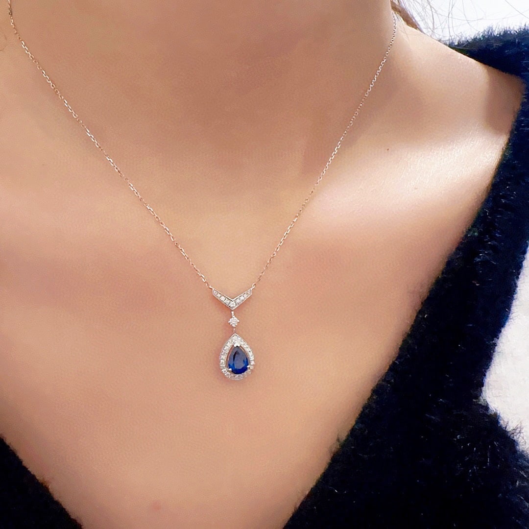 14K GOLD 1.00 CT NATURAL SAPPHIRE & DIAMOND NECKLACE - 2