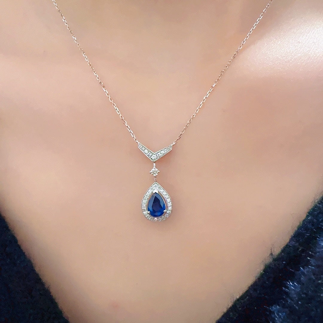 14K GOLD 1.00 CT NATURAL SAPPHIRE & DIAMOND NECKLACE - 5