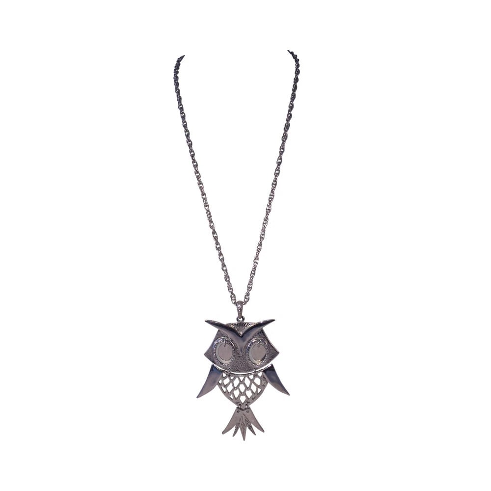 Silver Tone Vintage Costume Owl Cut Out Pendant Necklace - 3