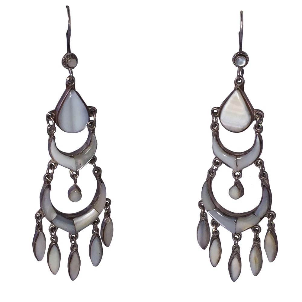 Sterling Silver Chandelier Earrings with Mother of Pearl Shell Inlay - 2