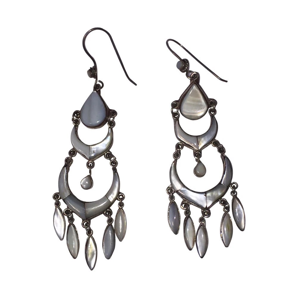 Sterling Silver Chandelier Earrings with Mother of Pearl Shell Inlay - 3