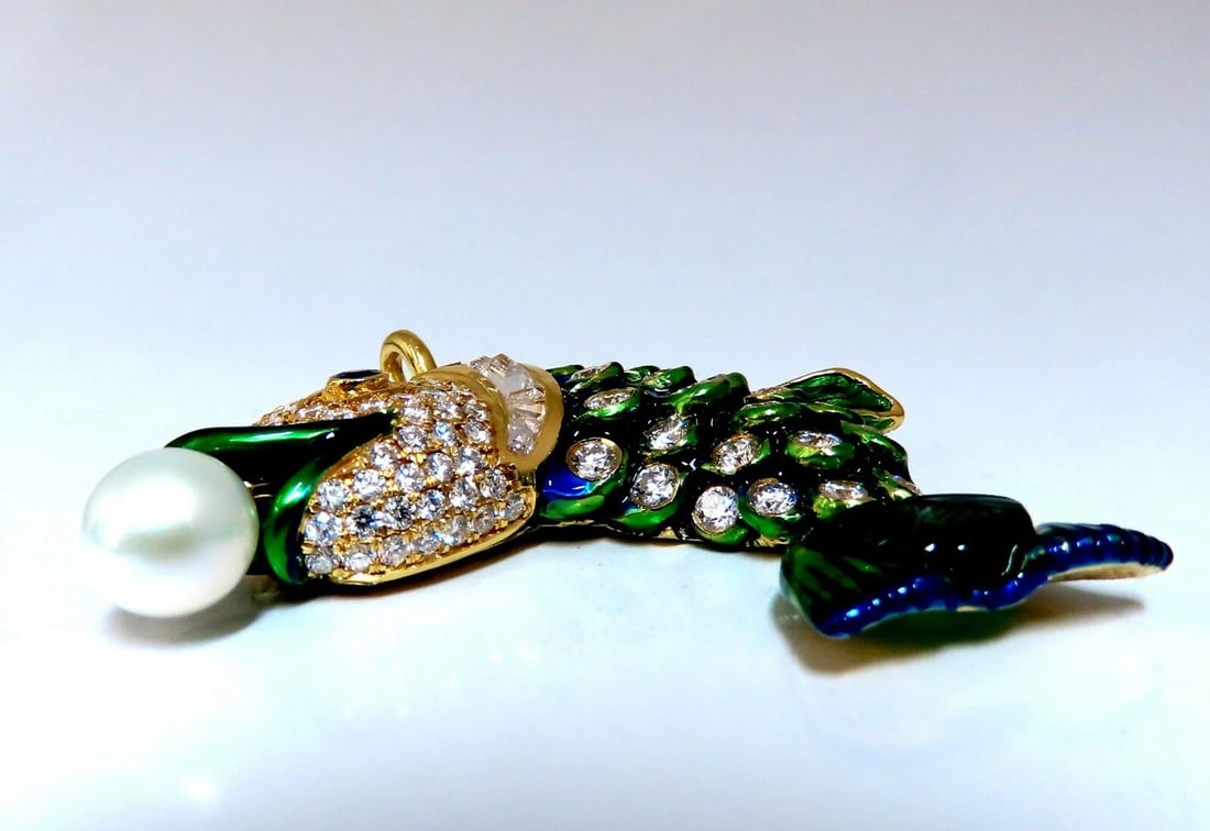Natural Akoya Pearl Sapphire Emerald & Diamonds Enamel Fish Pendant 18kt** - 4