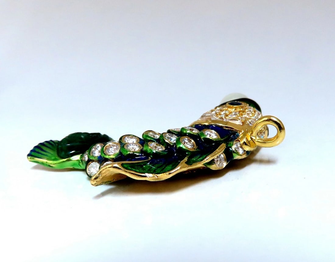 Natural Akoya Pearl Sapphire Emerald & Diamonds Enamel Fish Pendant 18kt** - 7