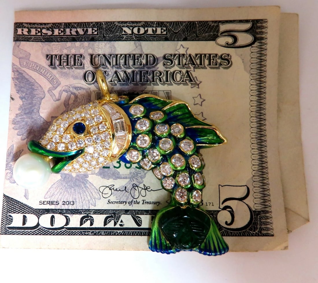 Natural Akoya Pearl Sapphire Emerald & Diamonds Enamel Fish Pendant 18kt** - 8
