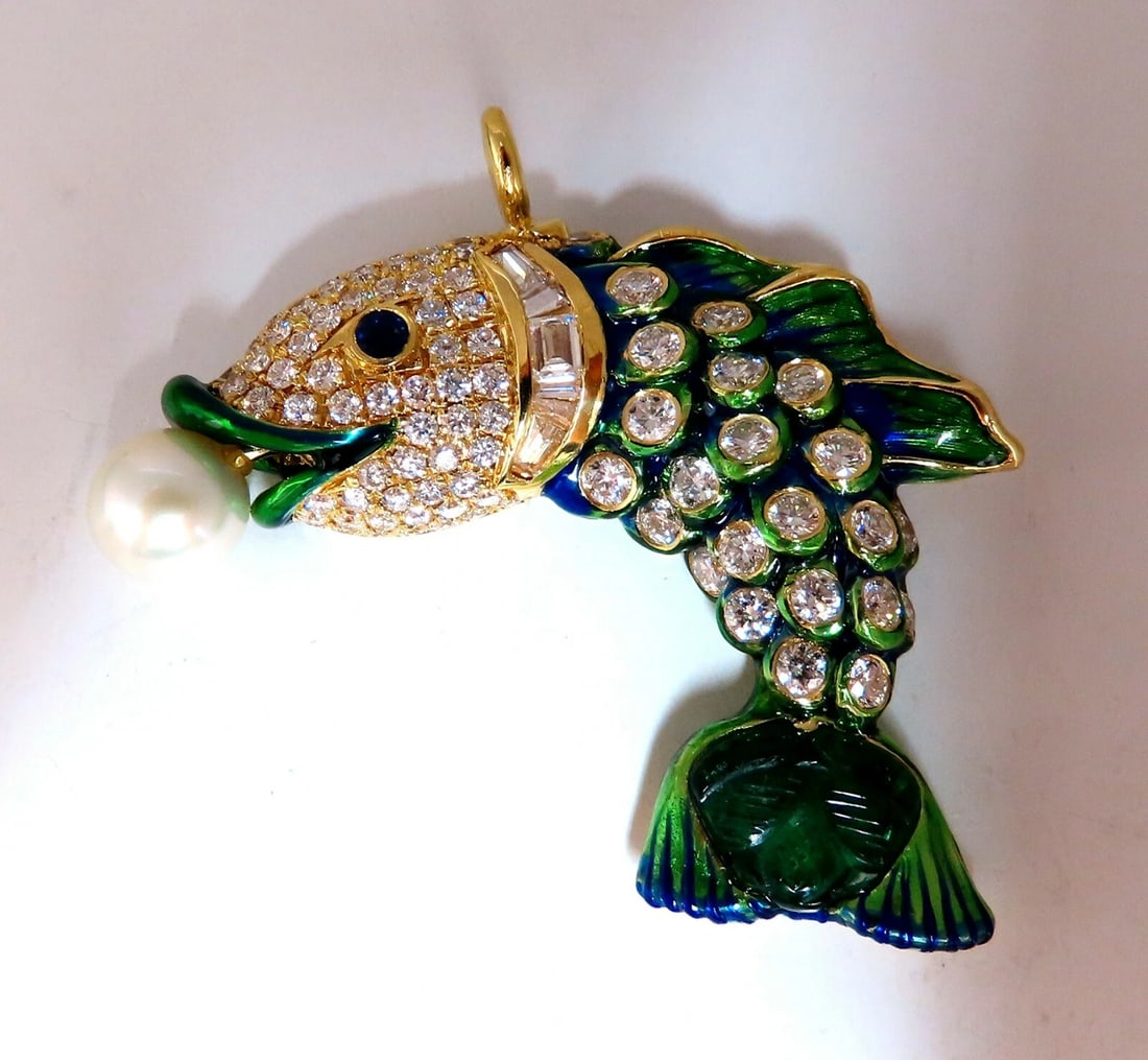 Natural Akoya Pearl Sapphire Emerald & Diamonds Enamel Fish Pendant 18kt** - 9