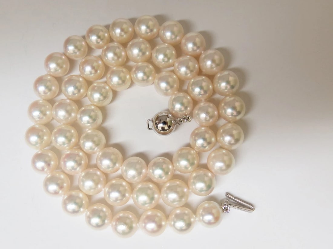 GIA 8.5mm NATURAL AKOYA WHITE PEARLS NECKLACE 14KT GOLD BALL CLASP 18inch** - 4