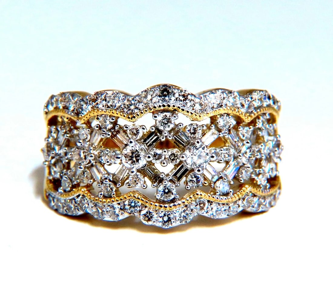 1.30ct Natural Diamonds Filigree Curling Ring 14kt Gold**: Title: 1.30ct Natural Diamonds Filigree Curling Ring 14kt Gold** Description: Classic Mod Edwardian Cocktail Flat Band 1.30ct Natural Round & Baguette Cut Diamonds. Vs-2 clarity G color. 14kt yellow g