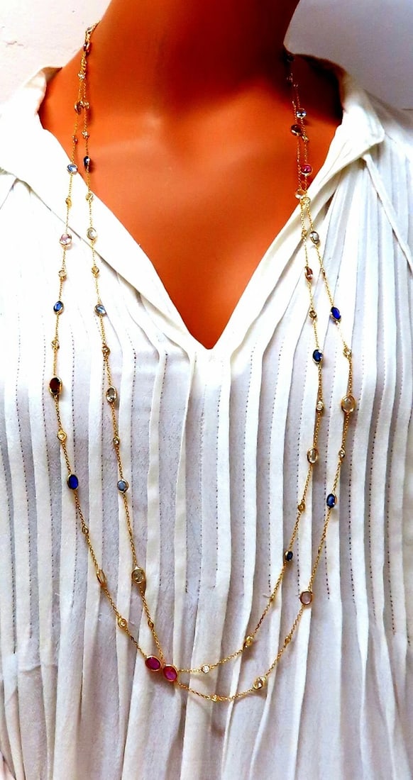 43.05ct. Natural Vivid Sapphires Diamonds Yard Necklace 14kt 4 Tier ** - 5