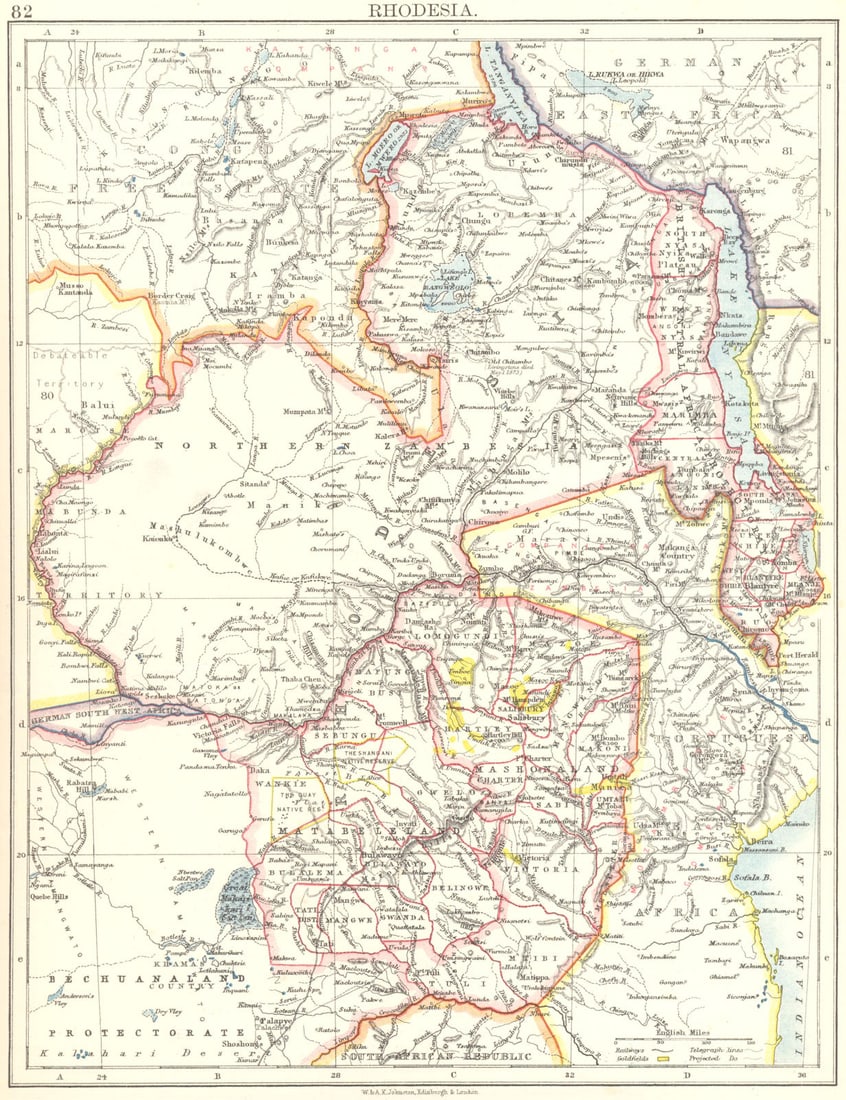 RHODESIA. Goldfields (yellow). Zambesia. Zambia Malawi Zimbabwe 1899 map: Title: RHODESIA. Goldfields (yellow). Zambesia. Zambia Malawi Zimbabwe 1899 map Description: Rhodesia' by Johnston, W & AK. Published 1899. Colour antique map. Size 27 x 21 cm | 10.5 x 8.0 inches. Con