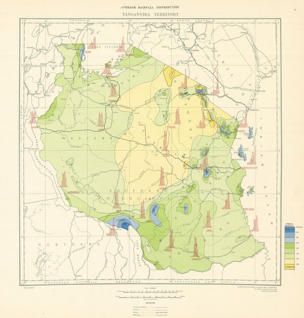 Tanzania Rainfall Distribution. Tanganyika Lands & Mines Dept 1948 old map: Title: Tanzania Rainfall Distribution. Tanganyika Lands & Mines Dept 1948 old map Description: Tanganyika Territory - Average Rainfall Distribution'. Compiled and printed by the Survey Division, Depar