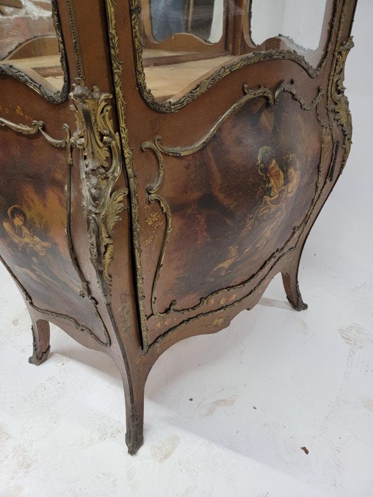 Antique French Vernis Martin Hand Painted Ormolu Mounted Bombe Display Vitrine Cabinet - 6