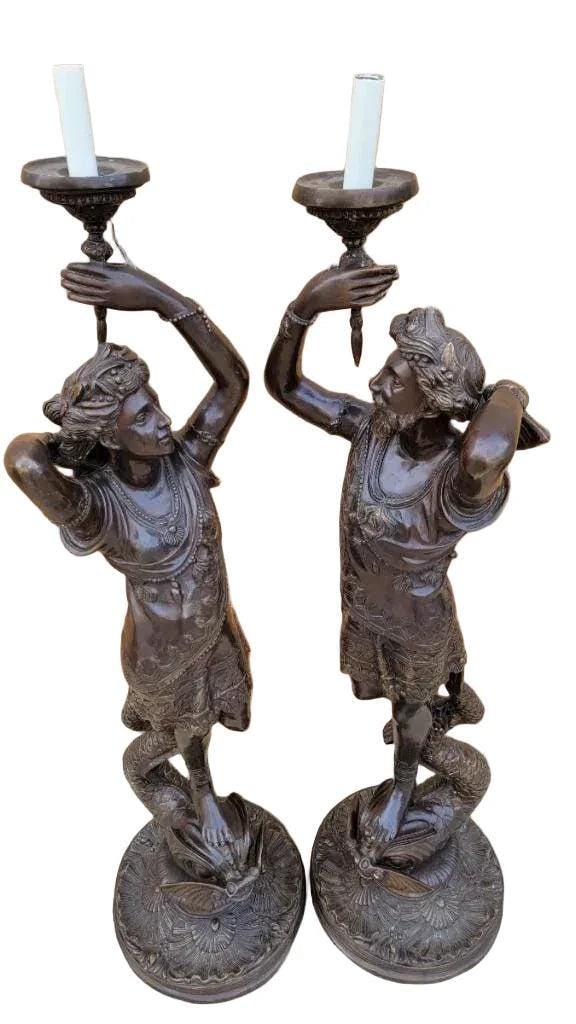 Antique Bronze Patinated Male & Female Floor Lamps - Set of 2 - 7