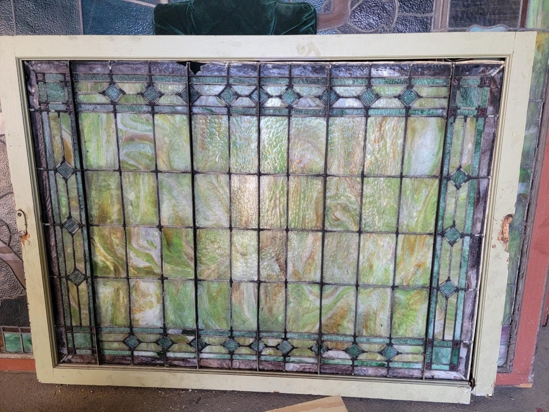Antique Tiffany Style Salvaged Green Upper Transom Stained Glass Windows - Pair - 2