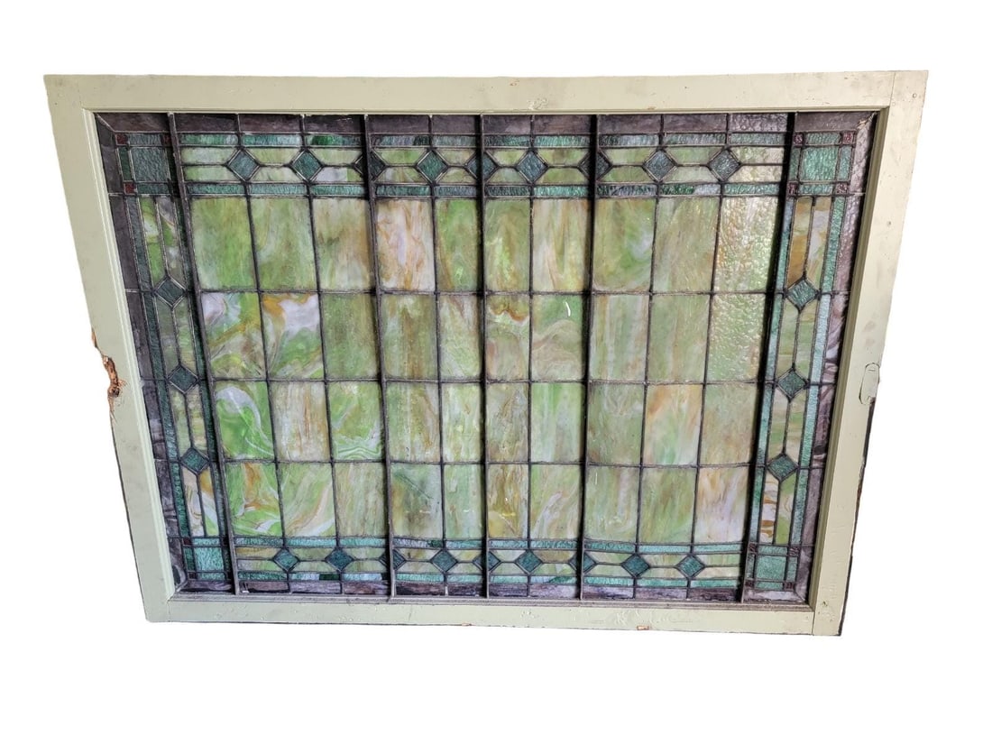 Antique Tiffany Style Salvaged Green Upper Transom Stained Glass Windows - Pair - 3