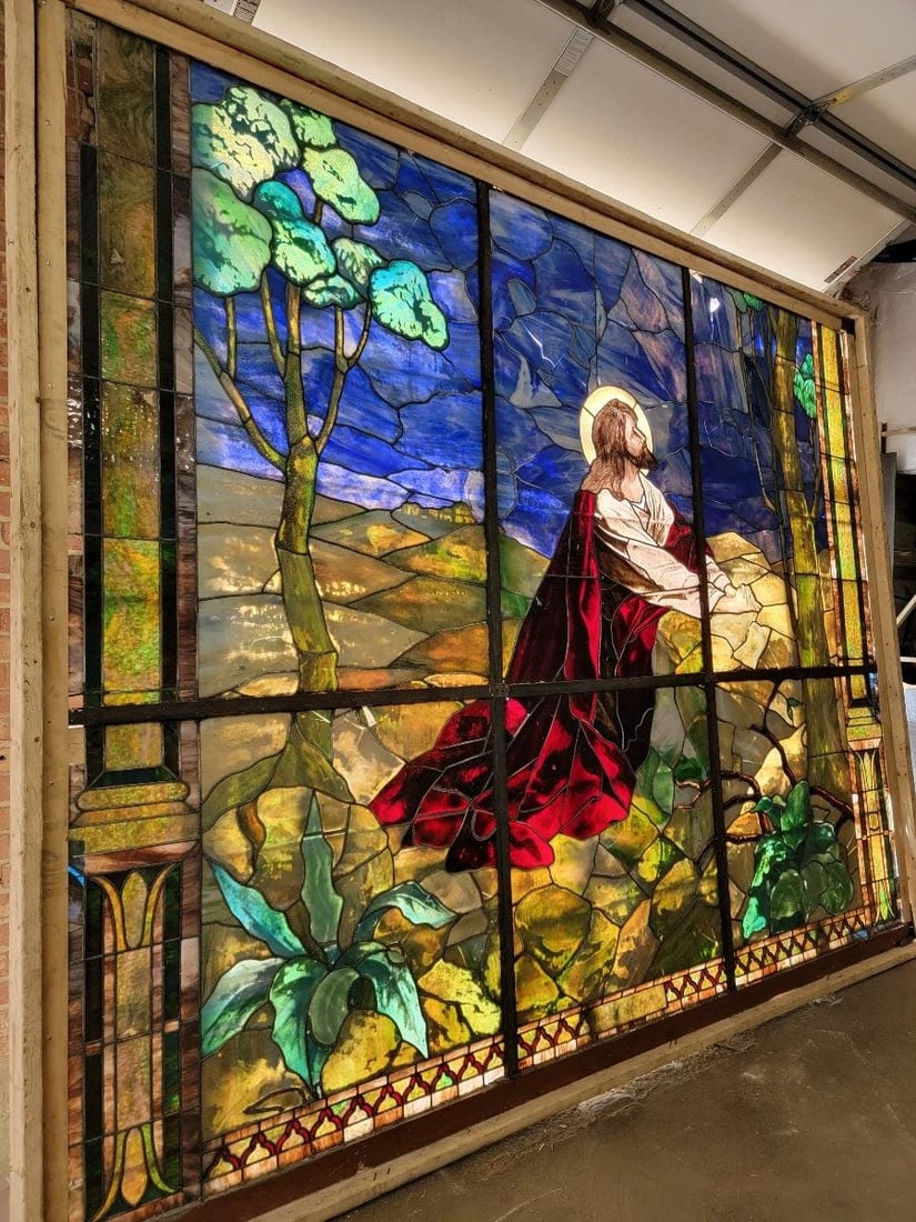 Antique Monumental Tiffany Style 2 Section Gethsemane Salvaged Stained Glass Window - 3