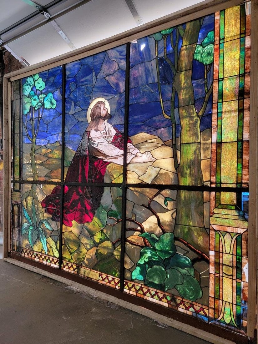 Antique Monumental Tiffany Style 2 Section Gethsemane Salvaged Stained Glass Window - 4