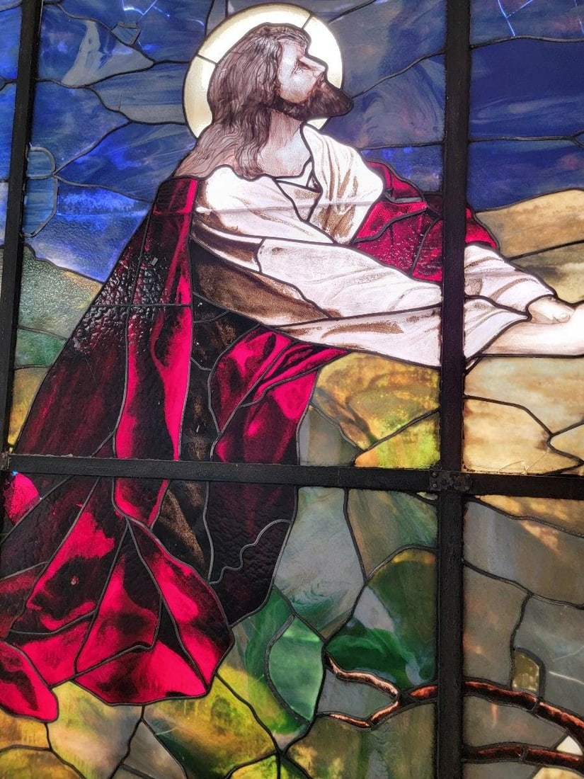 Antique Monumental Tiffany Style 2 Section Gethsemane Salvaged Stained Glass Window - 5