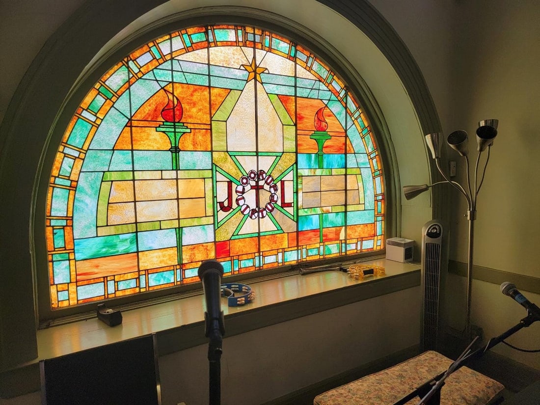 Antique Tiffany Style Salvaged Stained Glass Arch Semi Circle Window - 2