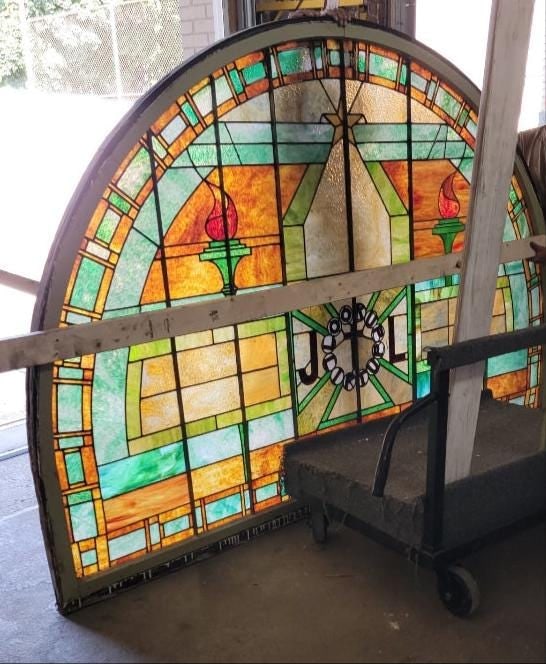 Antique Tiffany Style Salvaged Stained Glass Arch Semi Circle Window - 3