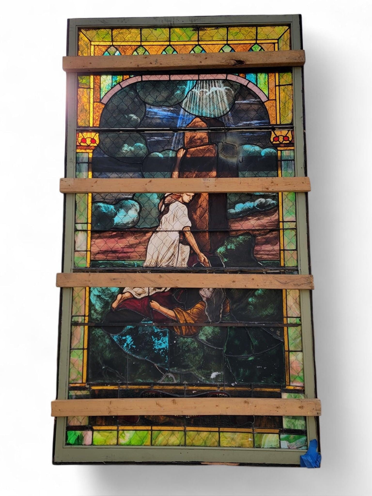 Antique Monumental Tiffany Style Salvaged “Heaven” Stained Glass Window - 2