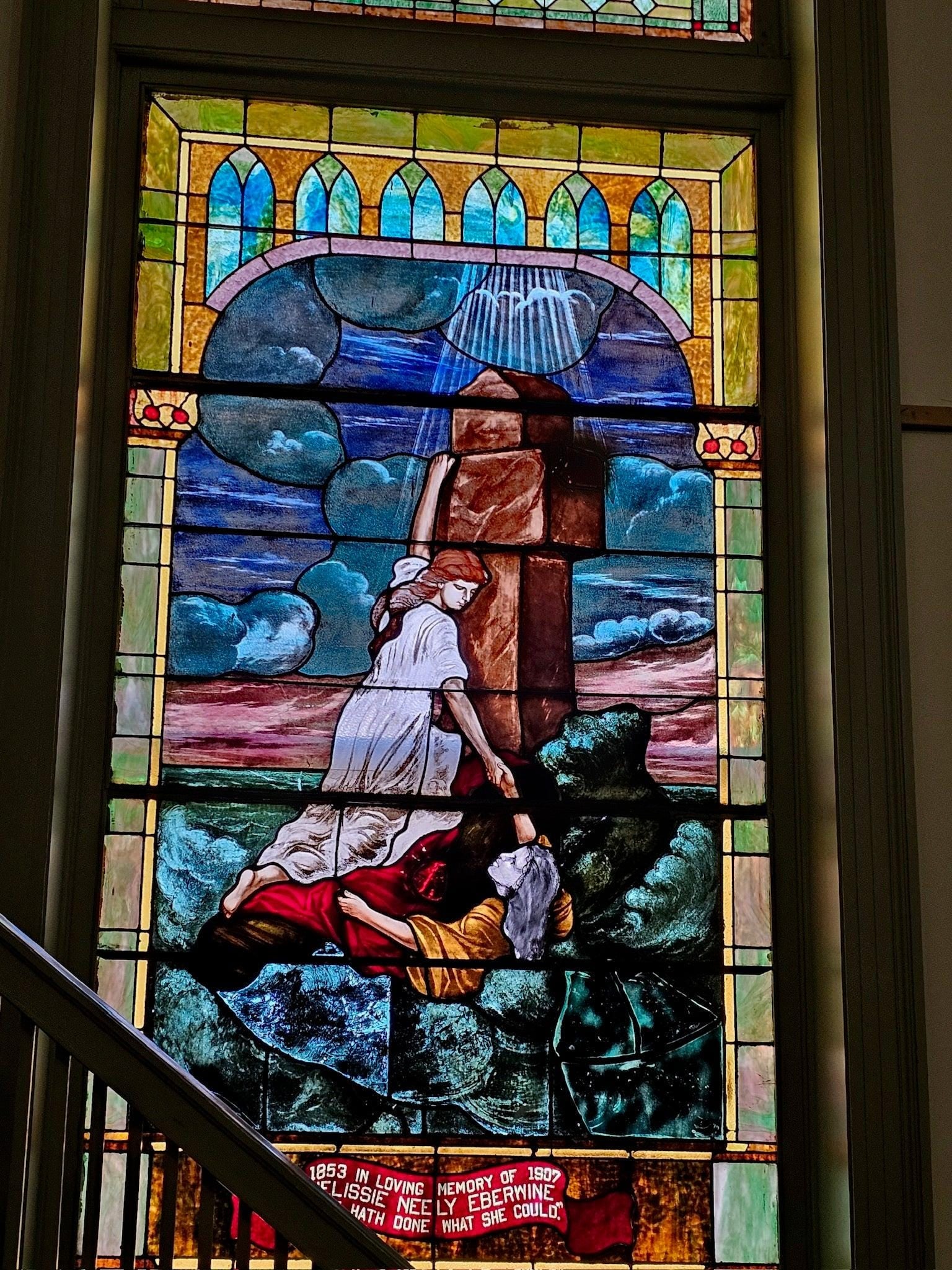 Antique Monumental Tiffany Style Salvaged “Heaven” Stained Glass Window - 5