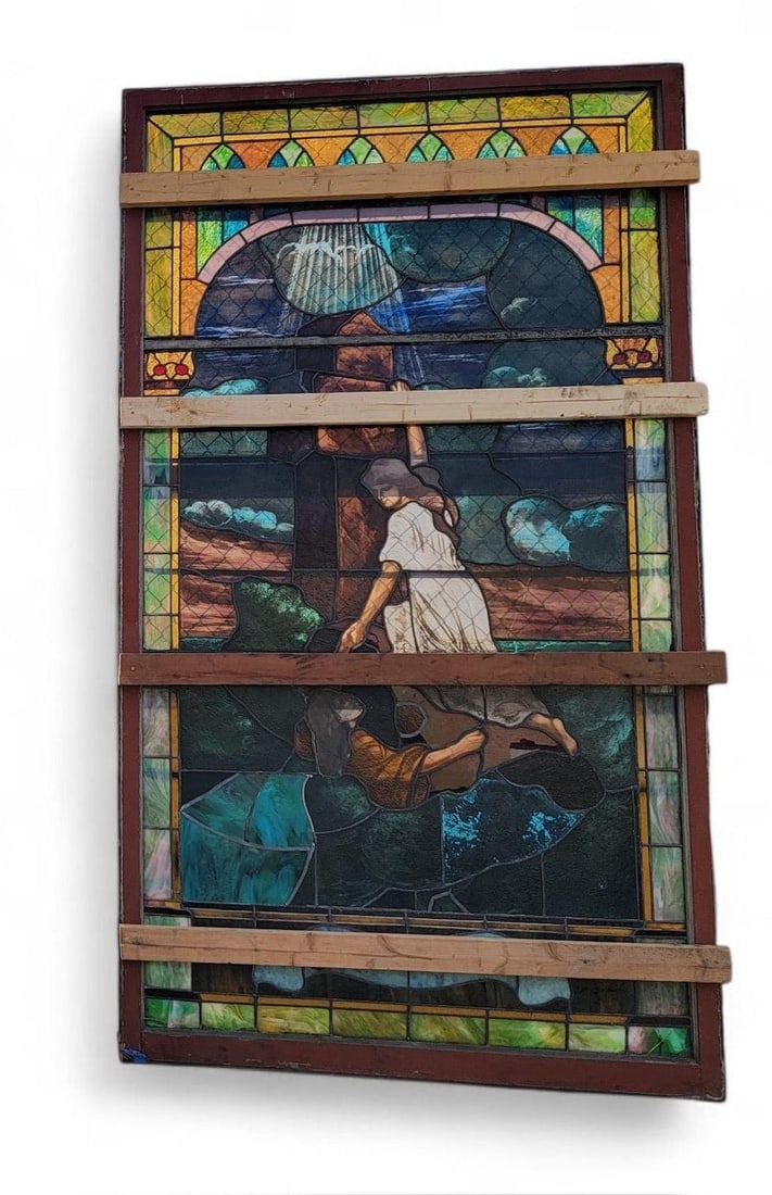 Antique Monumental Tiffany Style Salvaged “Heaven” Stained Glass Window - 7