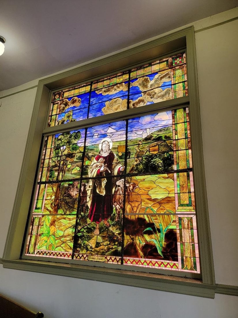 Antique Monumental Tiffany Style Good Sheppard Salvaged Stained Glass Window - 2