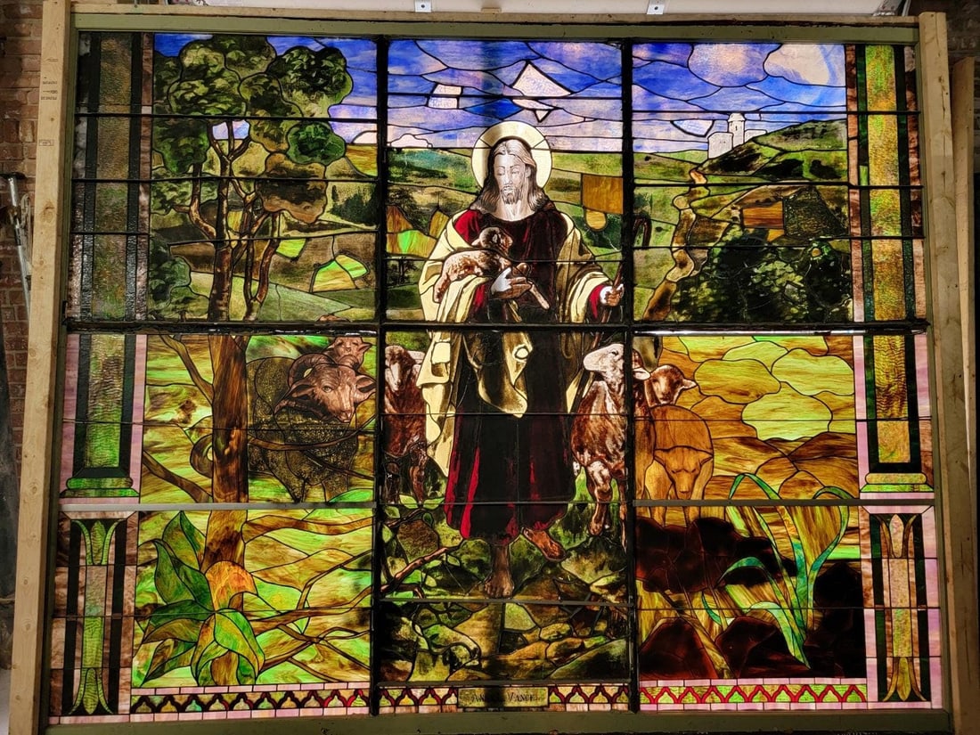 Antique Monumental Tiffany Style Good Sheppard Salvaged Stained Glass Window - 5