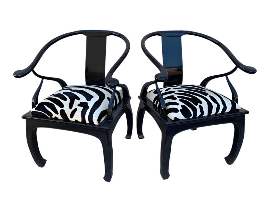 Hollywood Regency James Mont Style Horseshoe Chairs Newly Reupholstered - Pair - 2