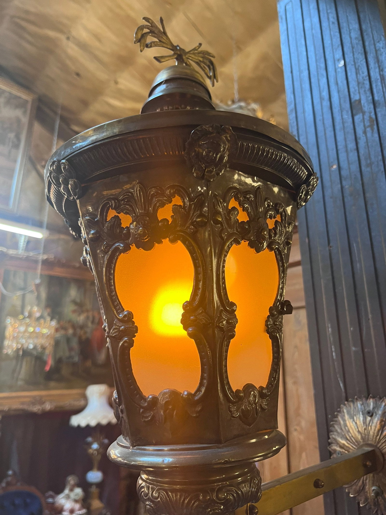 Antique Wall Mounted Brass Electrified Indoor/Outdoor Lantern - 2