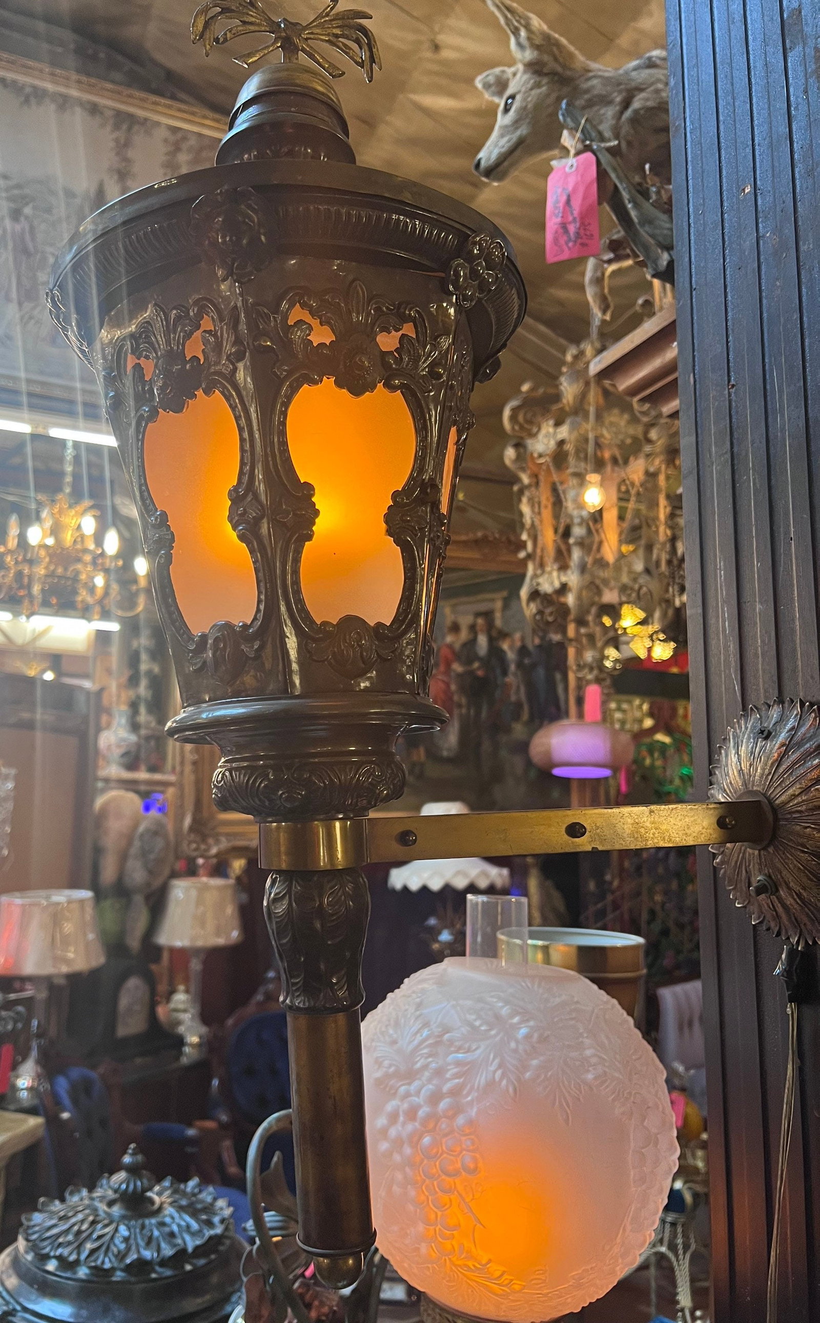 Antique Wall Mounted Brass Electrified Indoor/Outdoor Lantern - 6