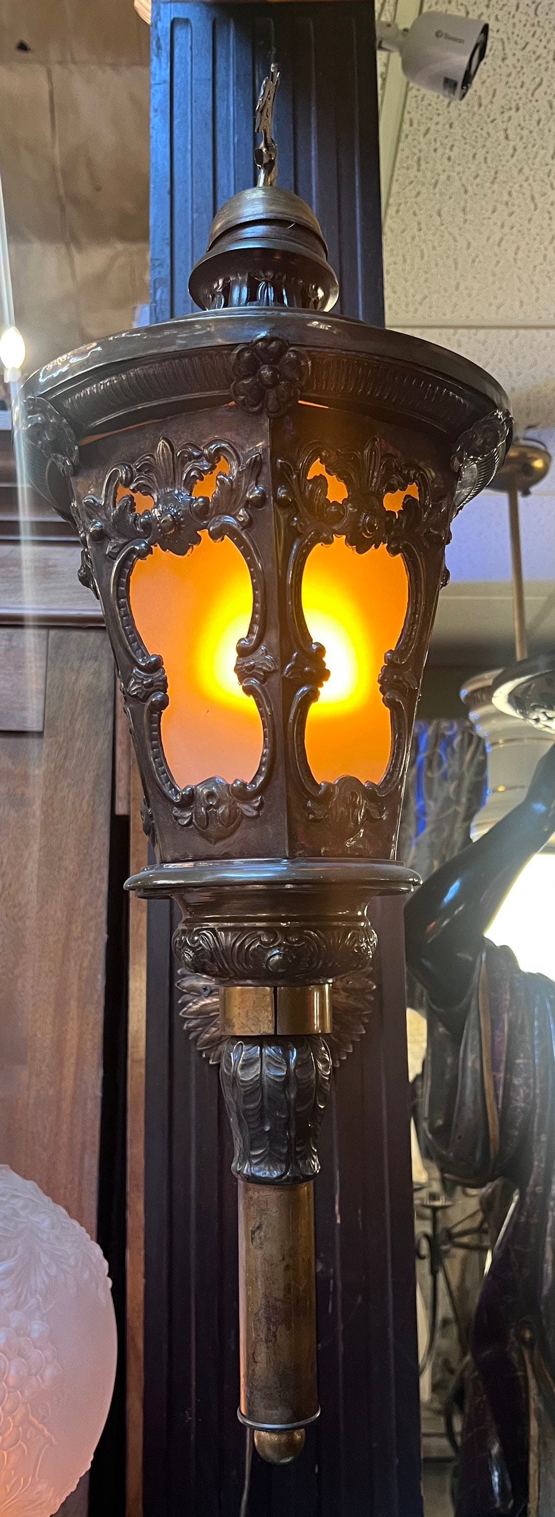 Antique Wall Mounted Brass Electrified Indoor/Outdoor Lantern - 7