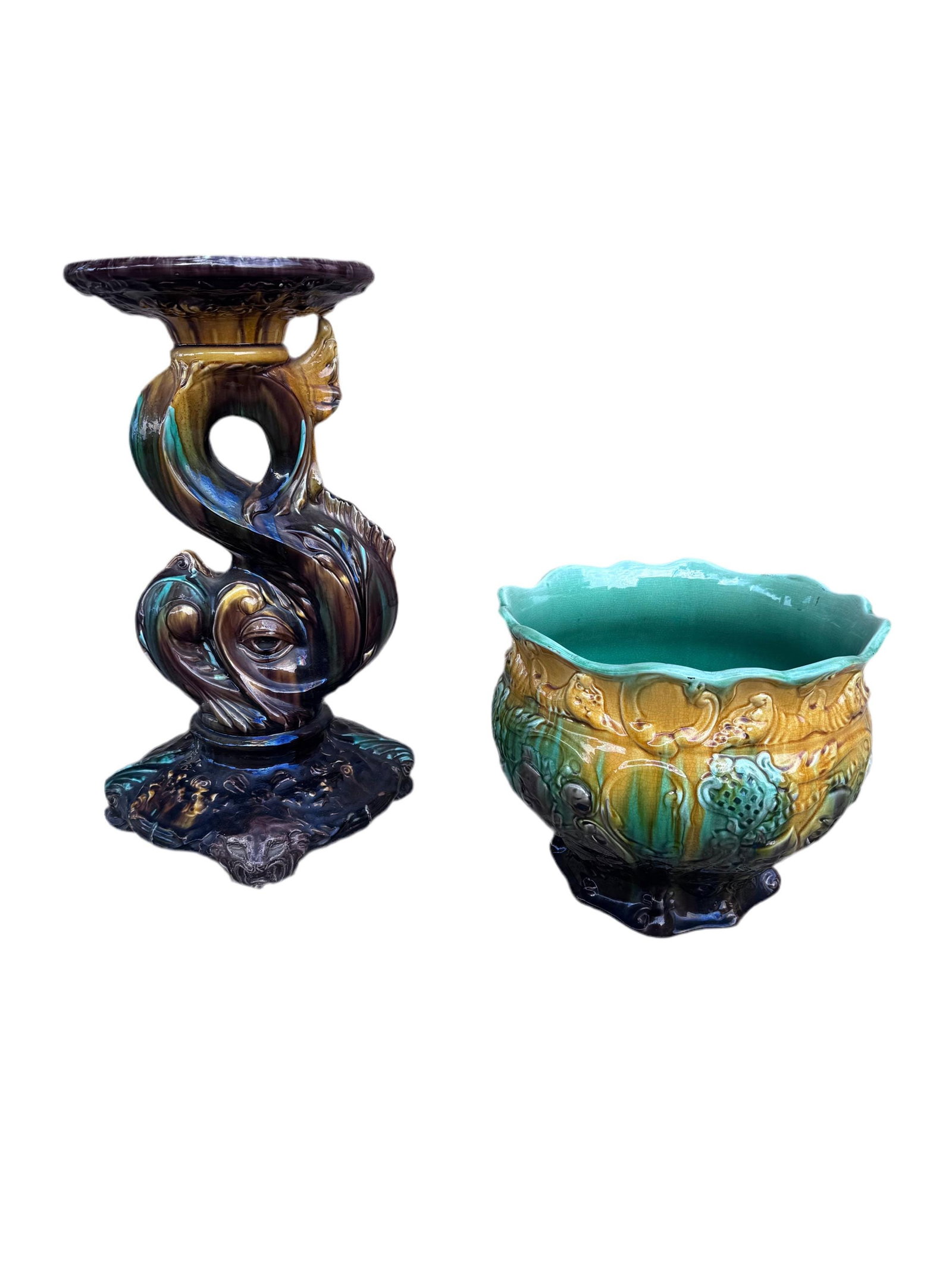 Vintage Weller Majolica Pottery Jardiniere and Pedestal Set - 2