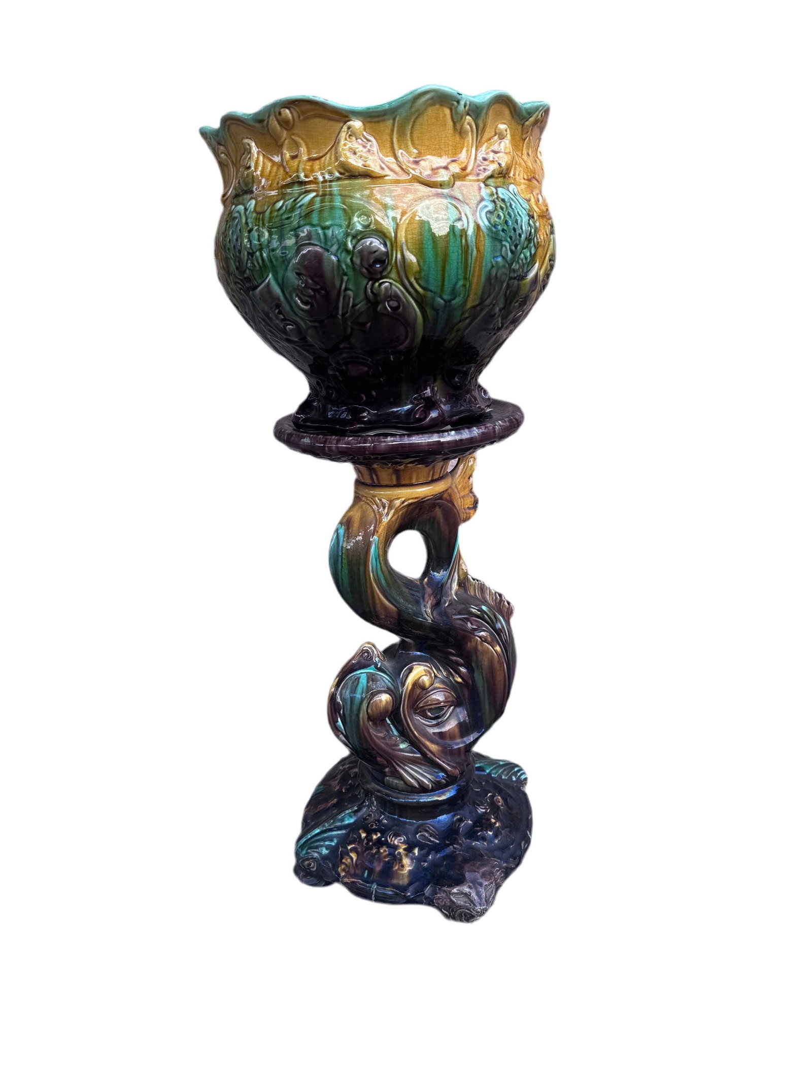 Vintage Weller Majolica Pottery Jardiniere and Pedestal Set - 4