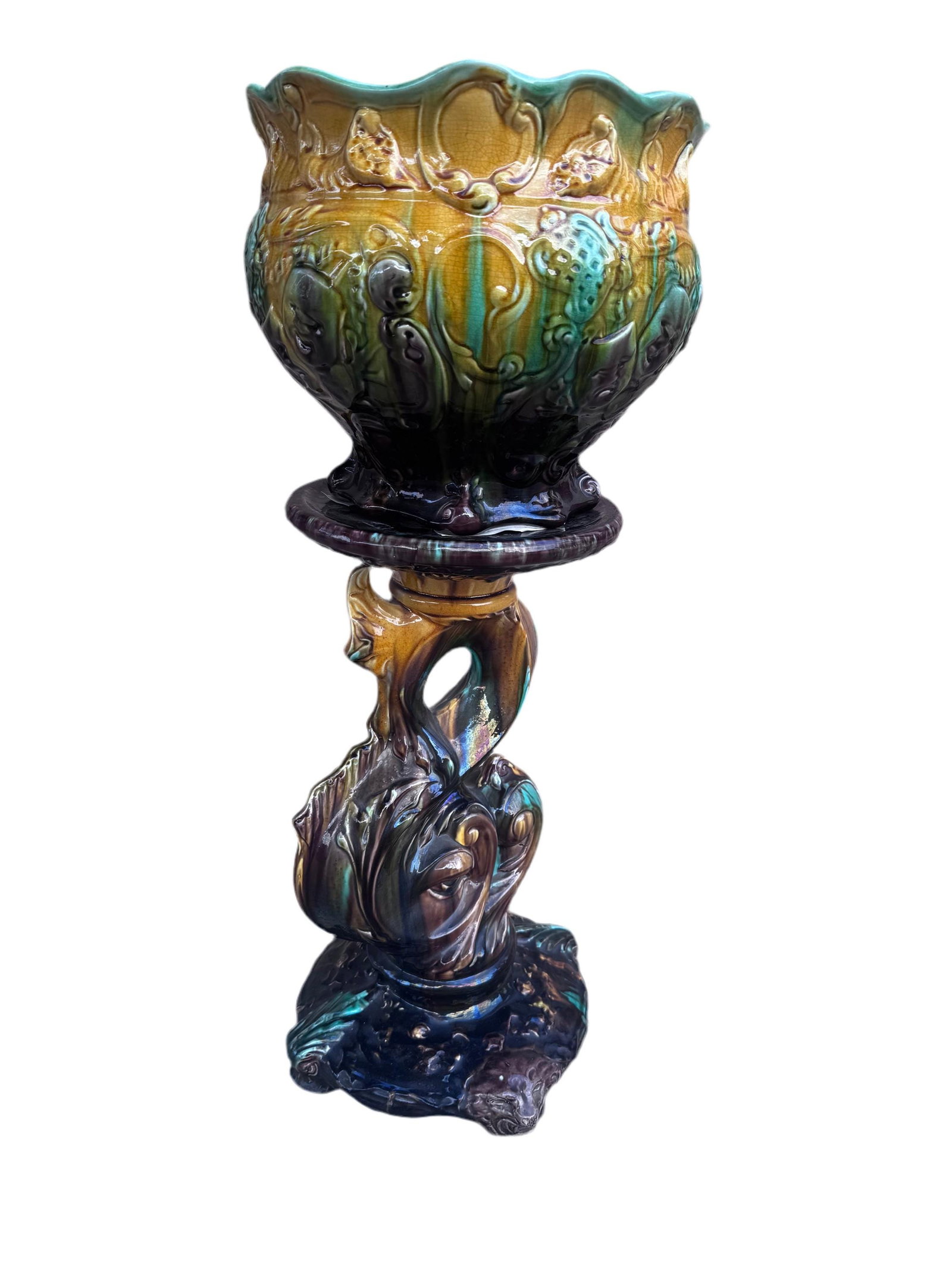 Vintage Weller Majolica Pottery Jardiniere and Pedestal Set - 7