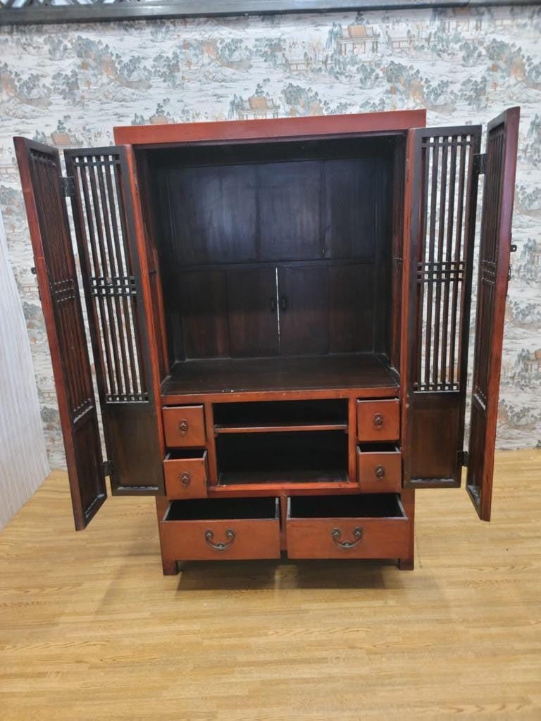 Antique Shanxi Province Red Lacquered Elm Storage Cabinet - 7
