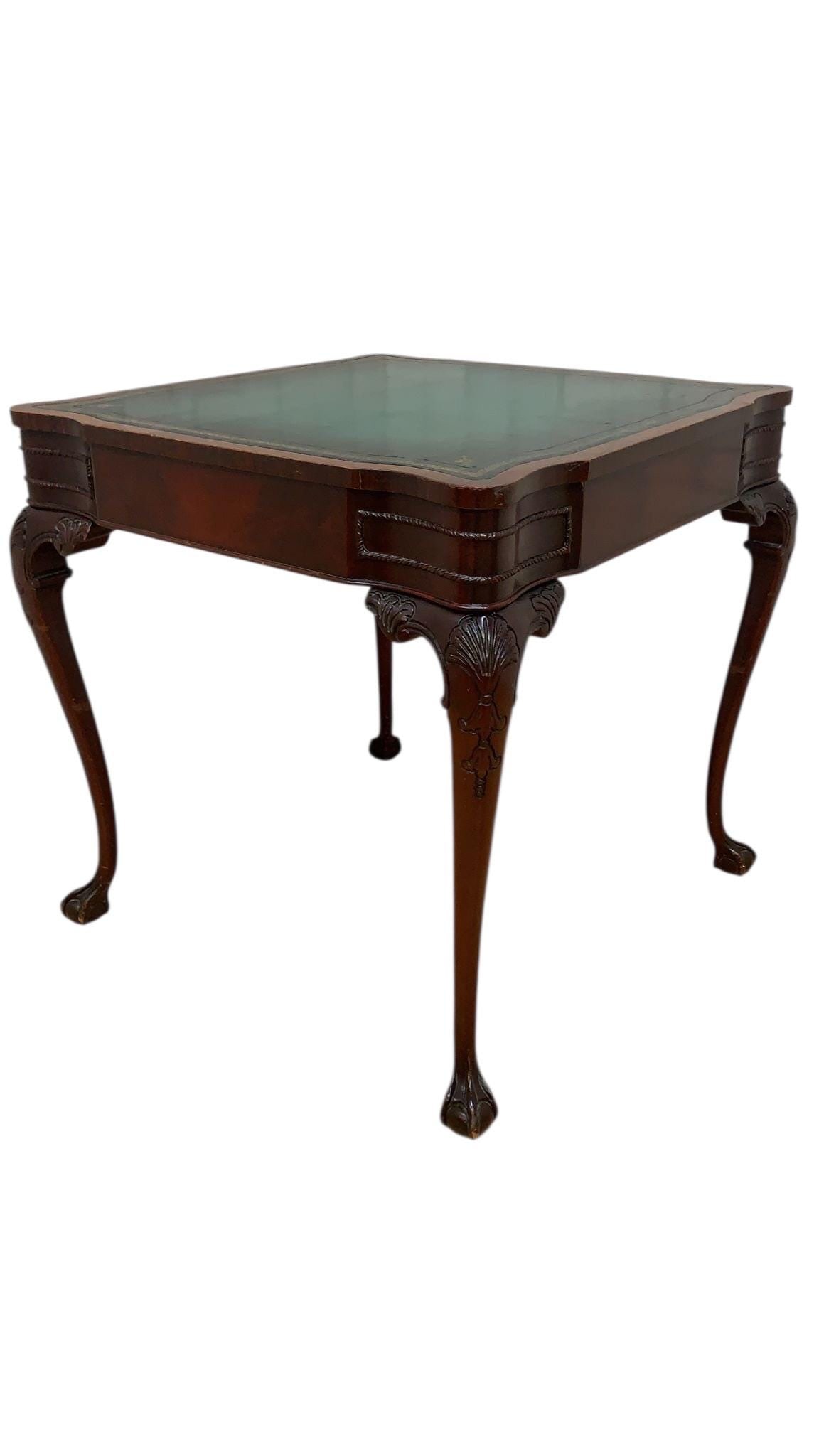 Vintage Chippendale Style Carved Mahogany Leather Top Game Table - 4