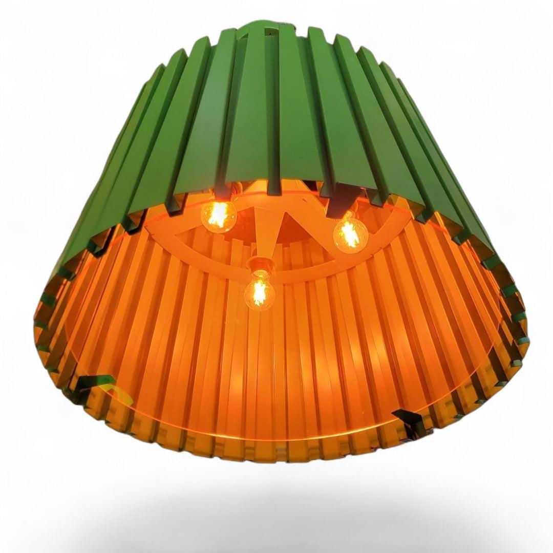 Vintage Industrial Green Ribbed Metal Pendant with Orange Acrylic Shade - 4