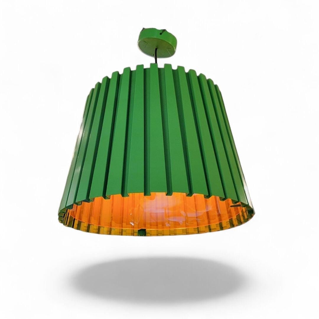Vintage Industrial Green Ribbed Metal Pendant with Orange Acrylic Shade - 5