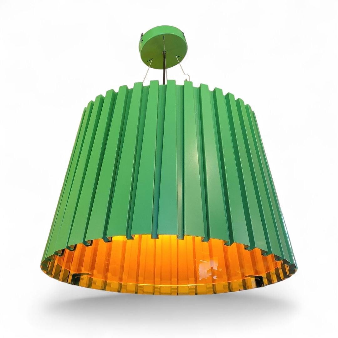 Vintage Industrial Green Ribbed Metal Pendant with Orange Acrylic Shade - 6